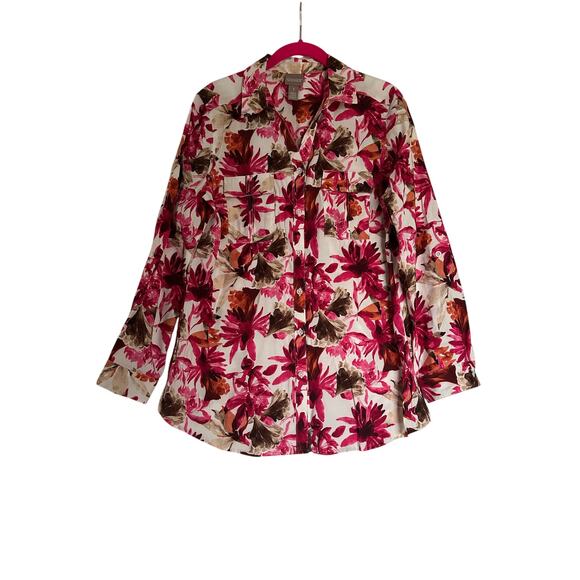 Chico's Womens Pink Floral Collared Button Up Roll Tab Sleeve Size 1 US M Bright - Picture 1 of 6